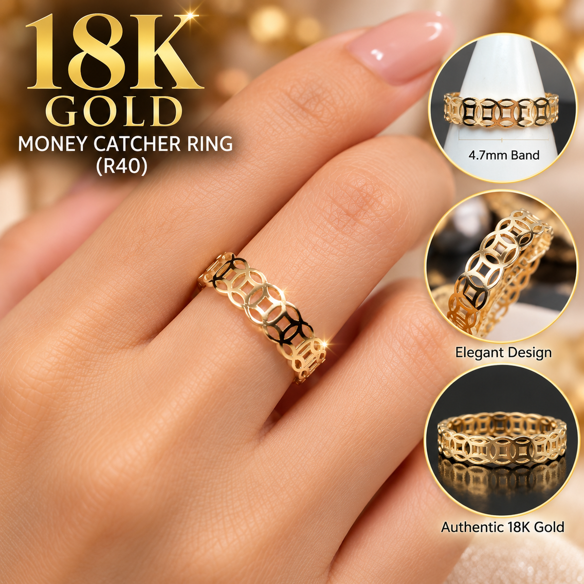 18K Saudi Gold Money Catcher Ring R40, 750 Hallmark, 4.7mm Geometric Openwork Band