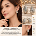 18K White Gold Diamond Cut Teardrop Stud Earrings E118, 3.98g, K18 Saudi Gold