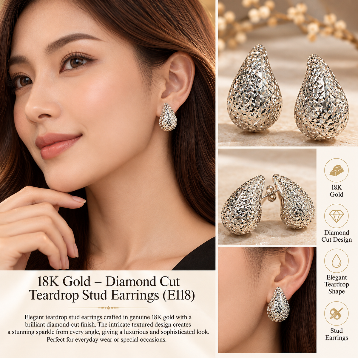 18K White Gold Diamond Cut Teardrop Stud Earrings E118, 3.98g, K18 Saudi Gold