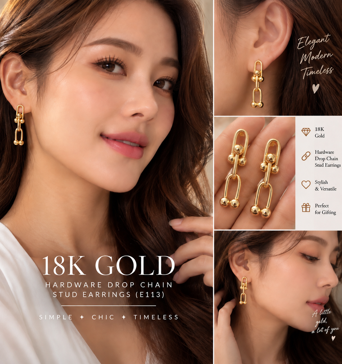 ✨ 18K GOLD HARDWARE DROP CHAIN STUD EARRINGS E113 ✨
