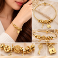 18K Gold Unique Charm Bangle with Key & Padlock Charms (BL23)