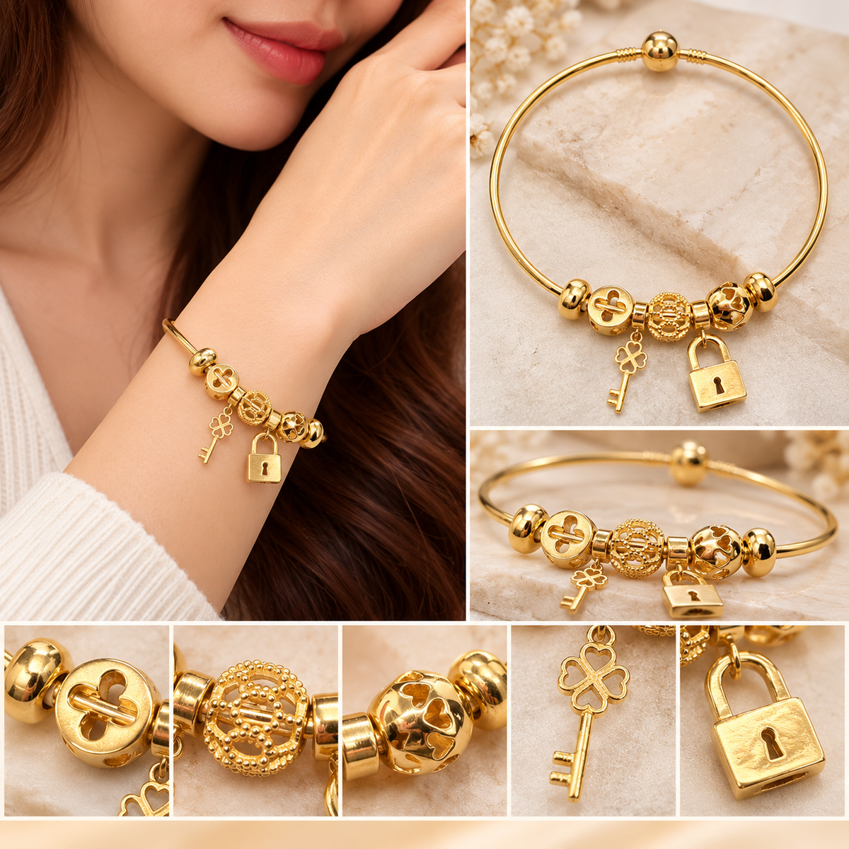 18K Gold Unique Charm Bangle with Key & Padlock Charms (BL23)