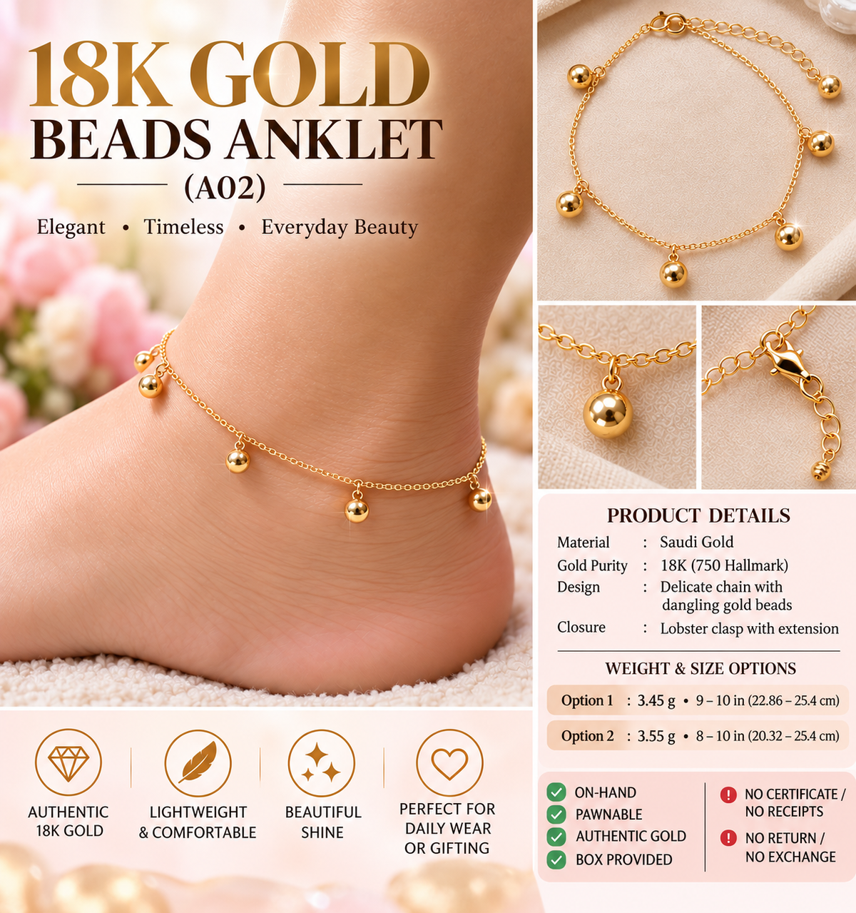 18K Saudi Gold Beads Anklet A02, 750 Hallmark, Pawnable, Ladies Gold Jewellery