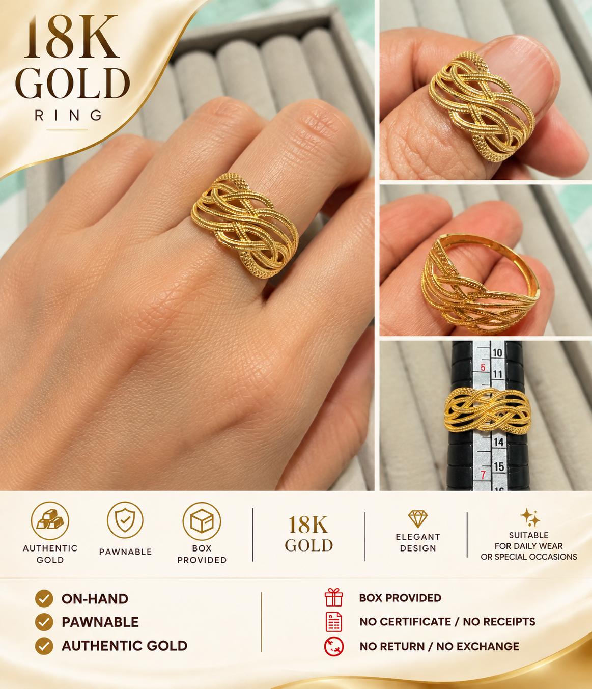 18K Gold Textured Knot Ring, Size 6 US, 11 Asia R48
