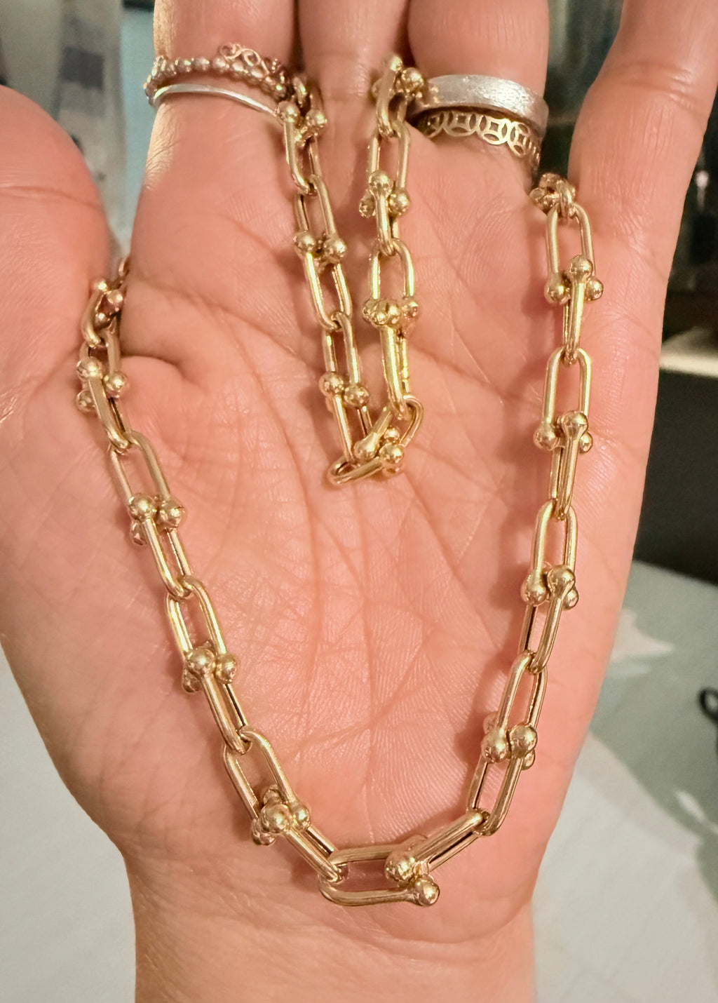 18K Gold 18” Luxury Hardware Link Necklace N70, 750 Gold, Statement Chain